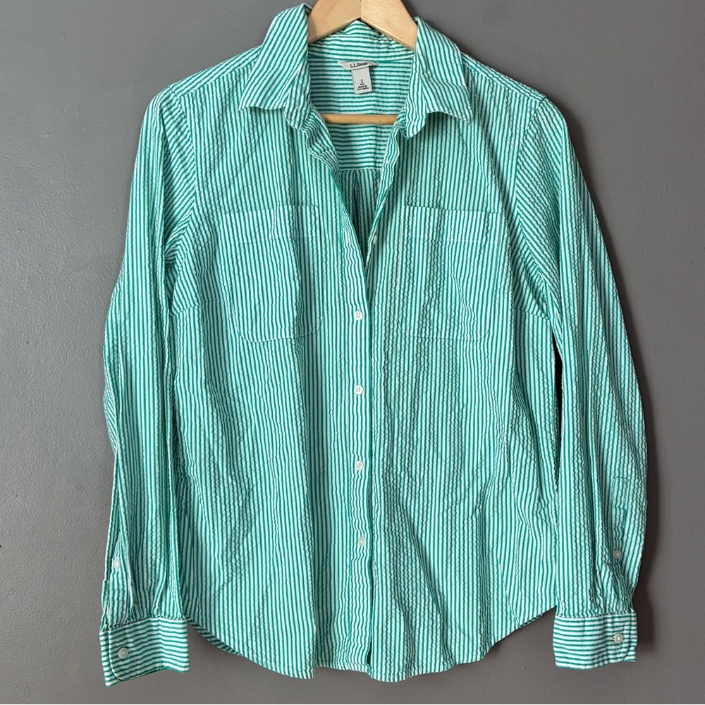 L.L. Bean Seersucker Button down Shirt | Cotton Preppy Green Striped OldMoney - Picture 3 of 9